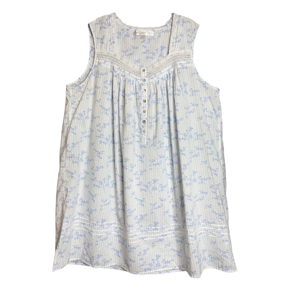 Eileen West Cotton Nightgown XL White Blue Floral Lace Cottagecore Prairie